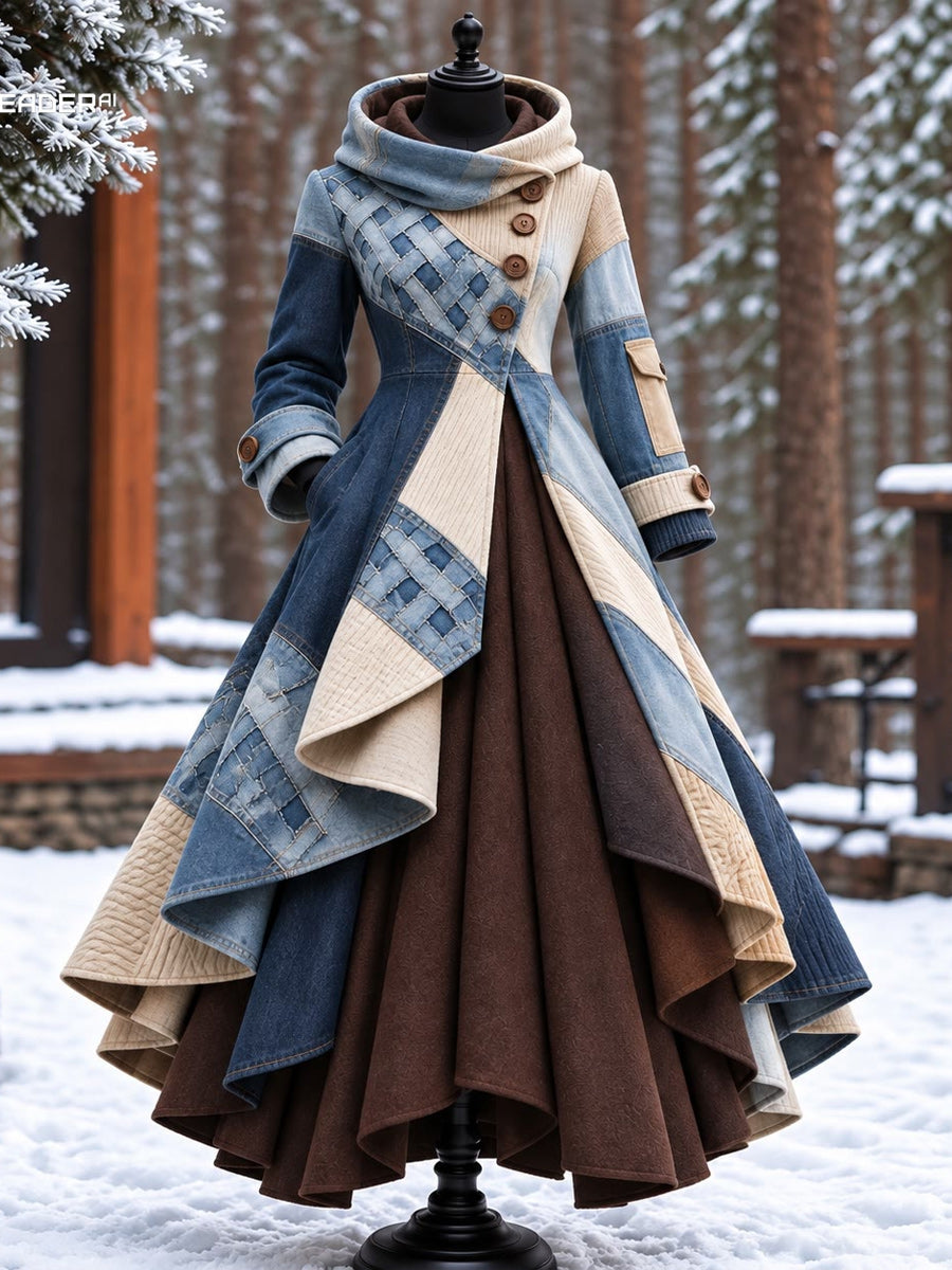 Women’s Vintage High-Collar Asymmetrical Double-Layer Hem Long Maxi Coat